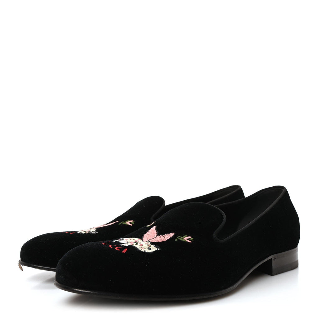 Velvet Embroidered Mens Loafers 8 Black