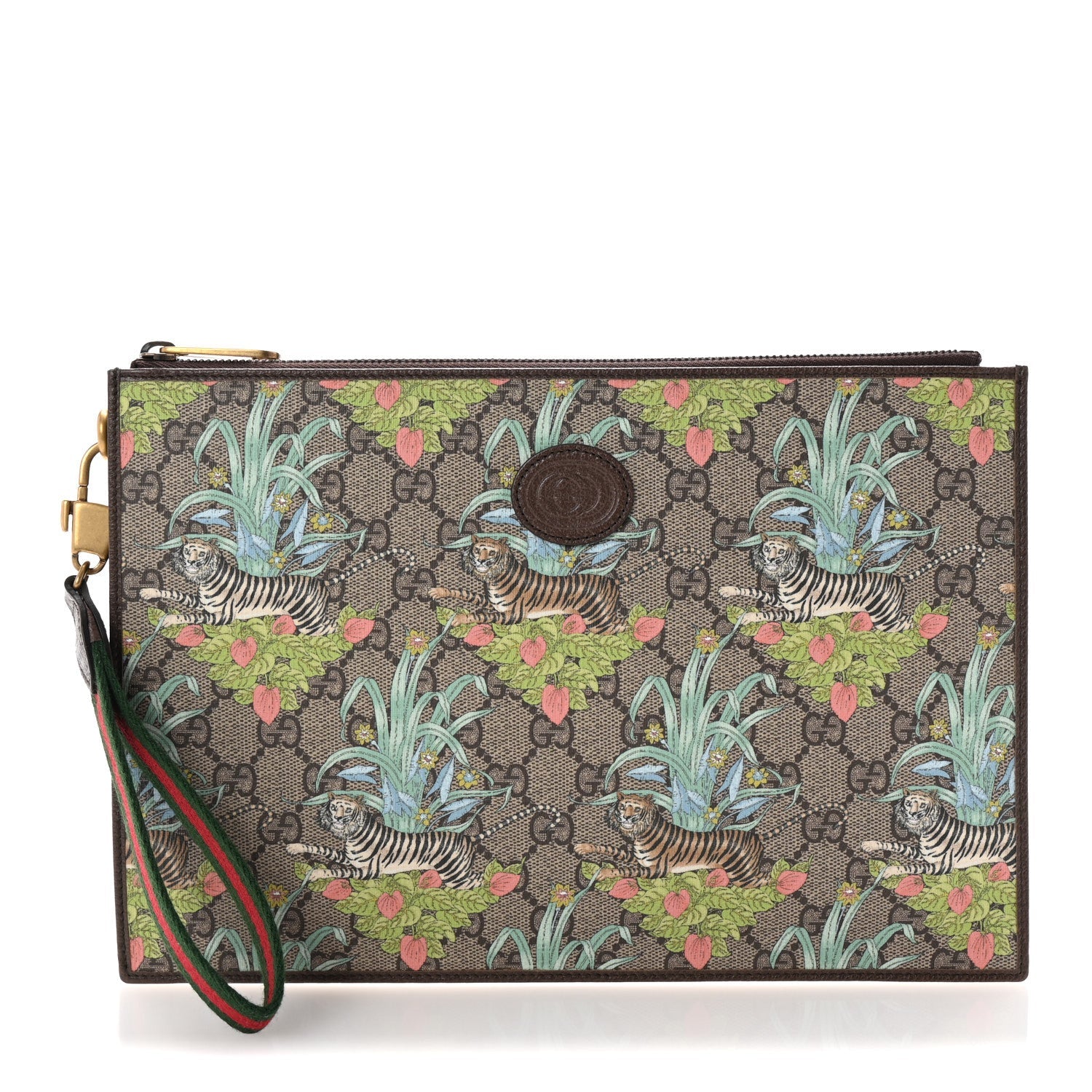 GG Supreme Monogram Tiger Savanah Textured Dollar Calfskin Zip Pouch Beige Ebony Multicolor New Acero