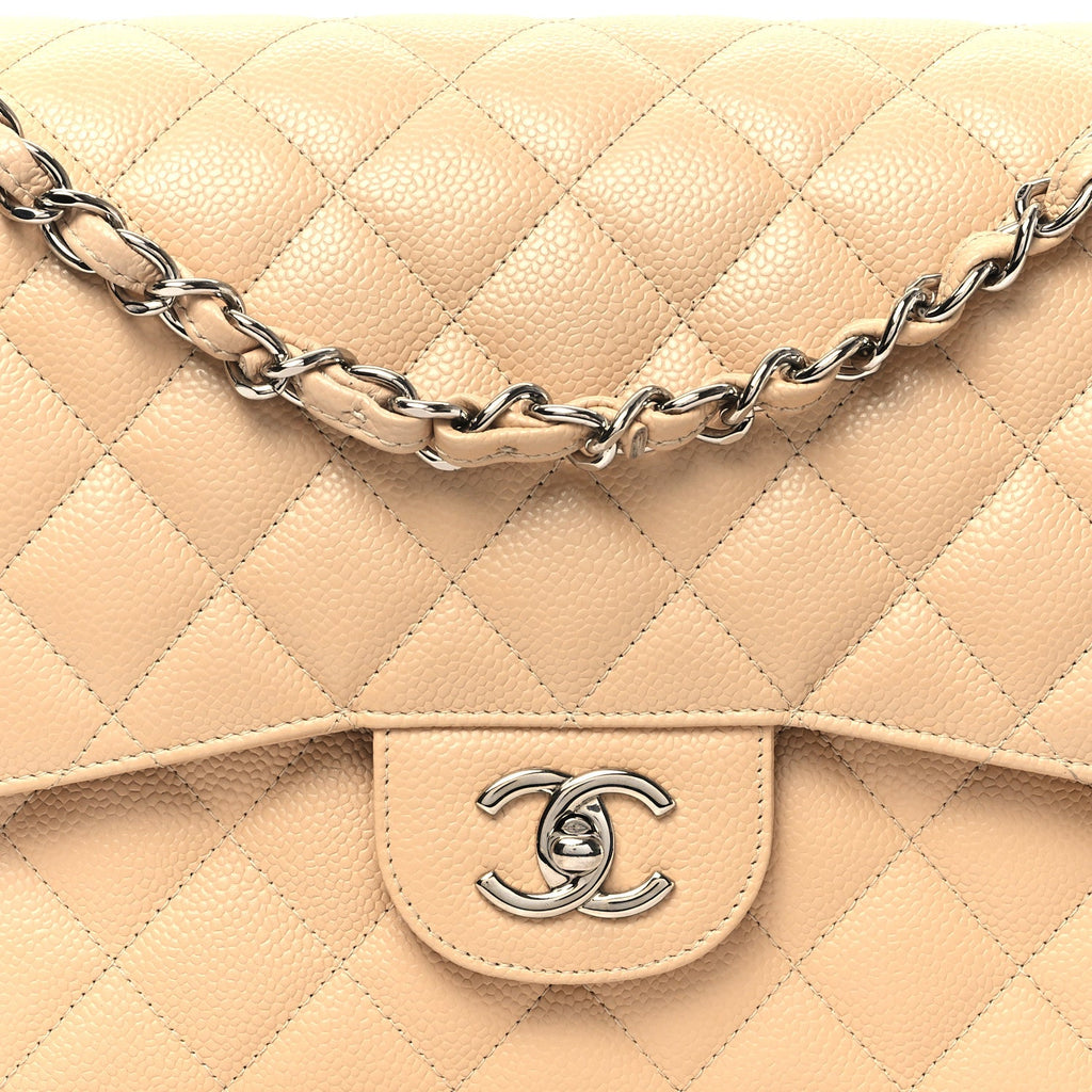 Caviar Quilted Jumbo Double Flap Beige