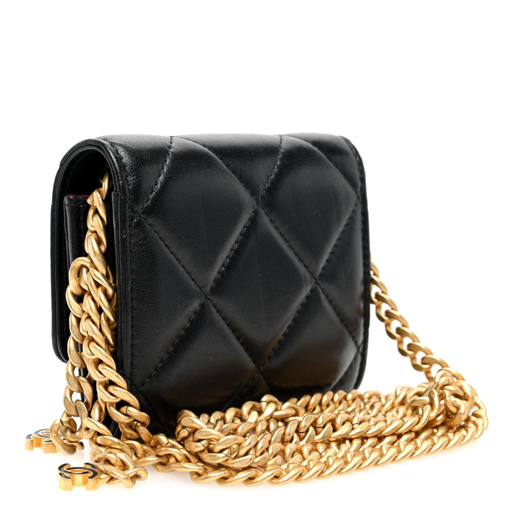 Lambskin Enamel Quilted Pending CC  Holder On Chain Black