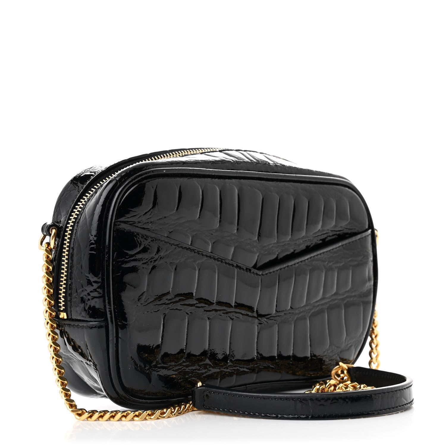 Patent Calfskin Crocodile Embossed Monogram Mini Lou Camera Bag Black