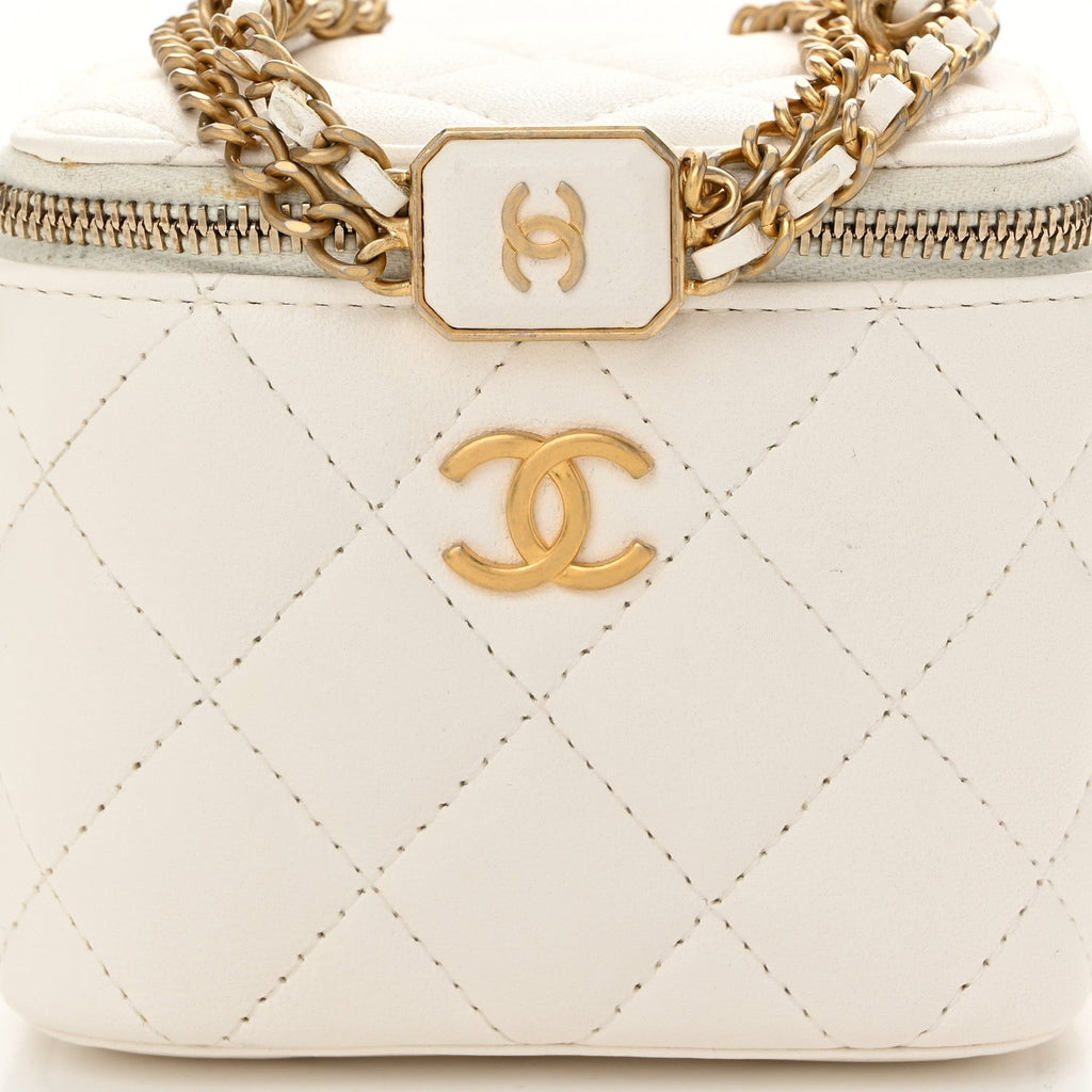 Lambskin Quilted Mini Vanity Case With Chain White