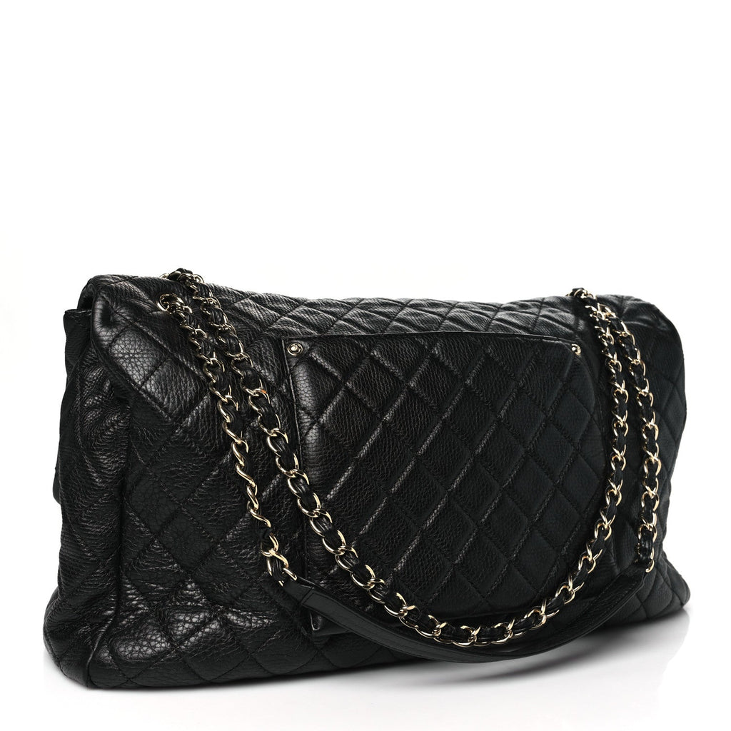 Calfskin Quilted XXL Travel Flap Bag Black