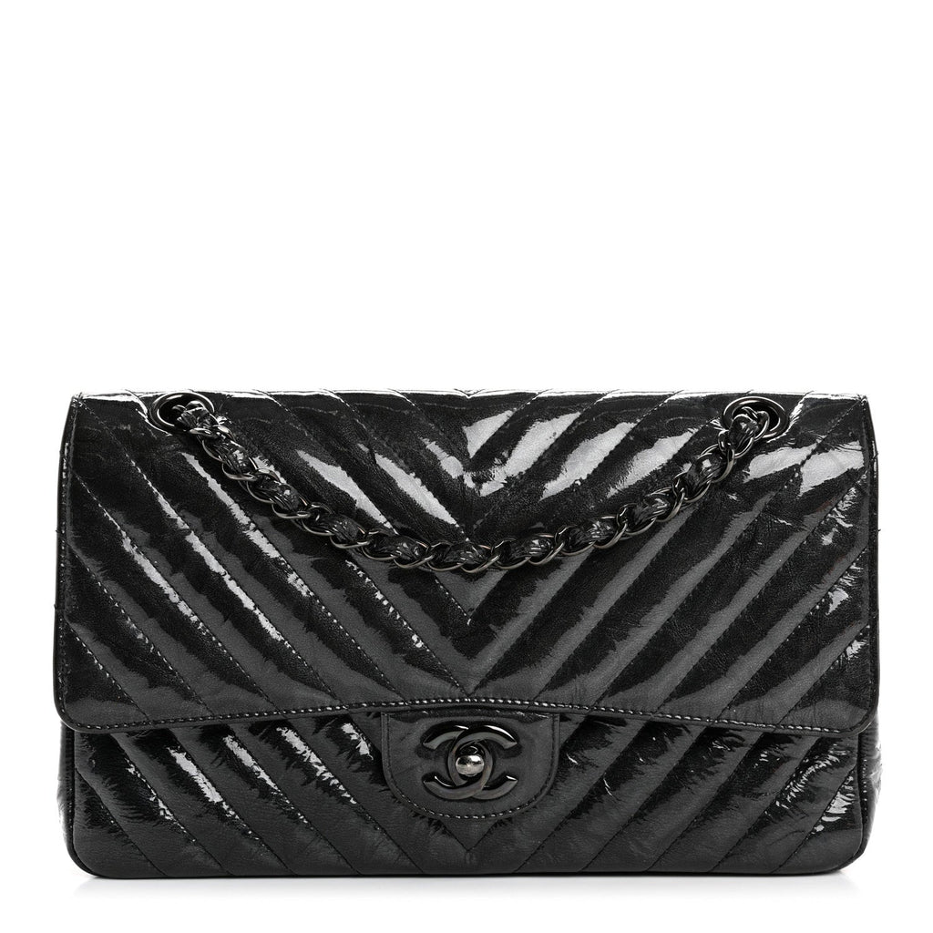 Metallic Patent Crumpled Calfskin Chevron Quilted Medium Double Flap So Black