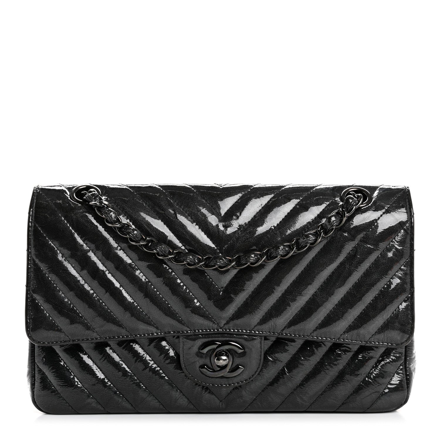 Metallic Patent Crumpled Calfskin Chevron Quilted Medium Double Flap So Black