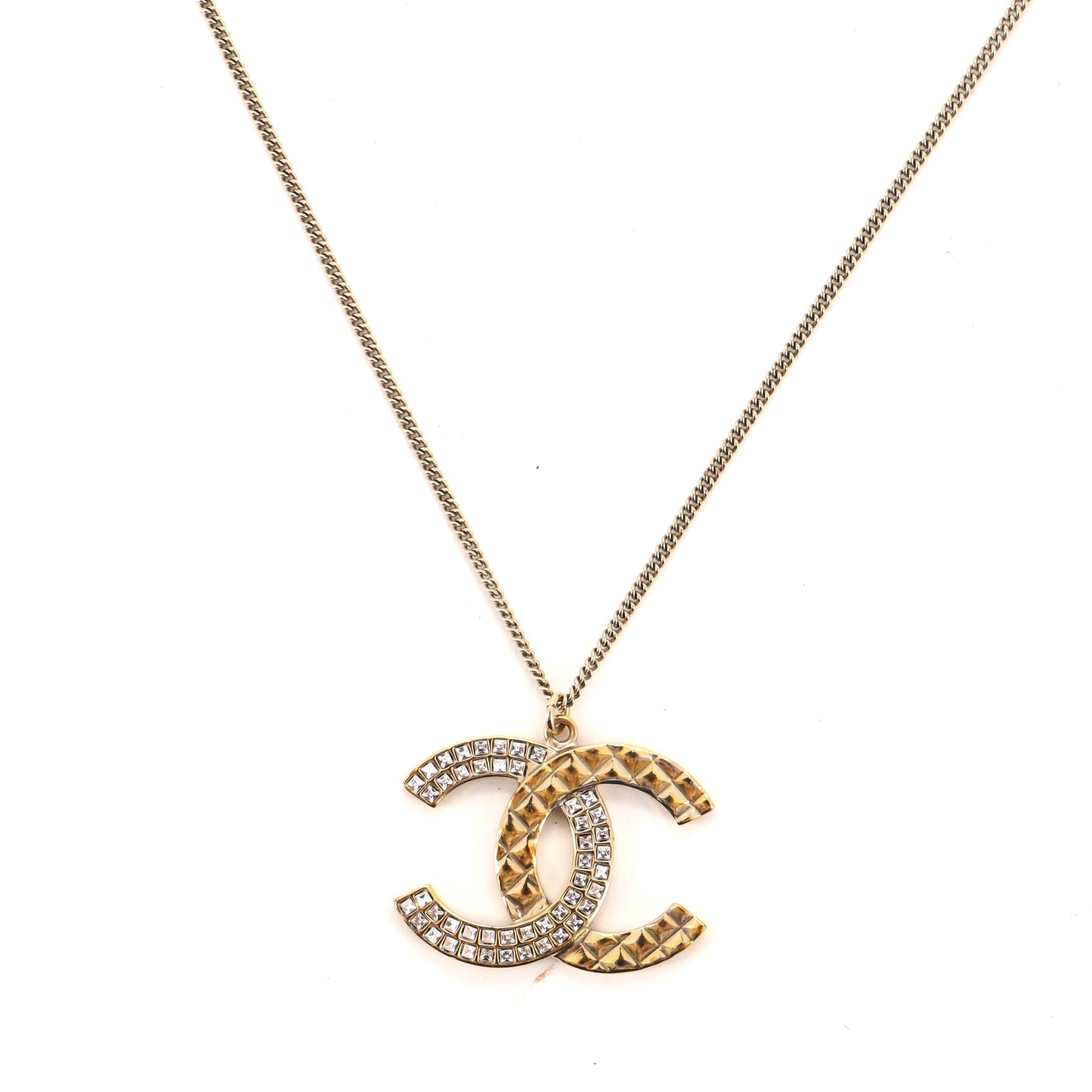 CC Long Pendant Necklace Crystal Embellished Metal