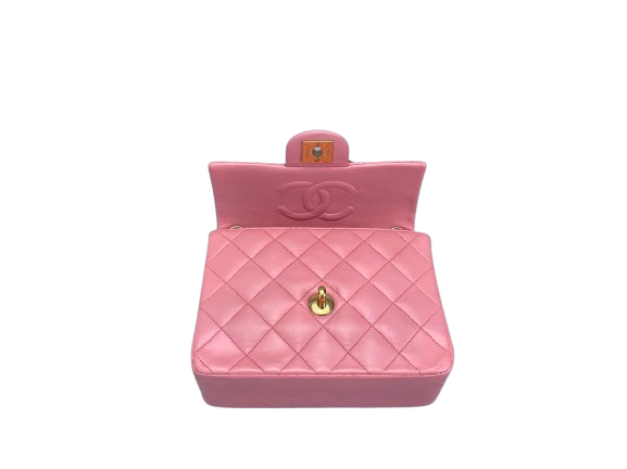 Chanel Vintage Rose Pink Classic Mini Square Flap Bag in Lambskin with Gold Hardware