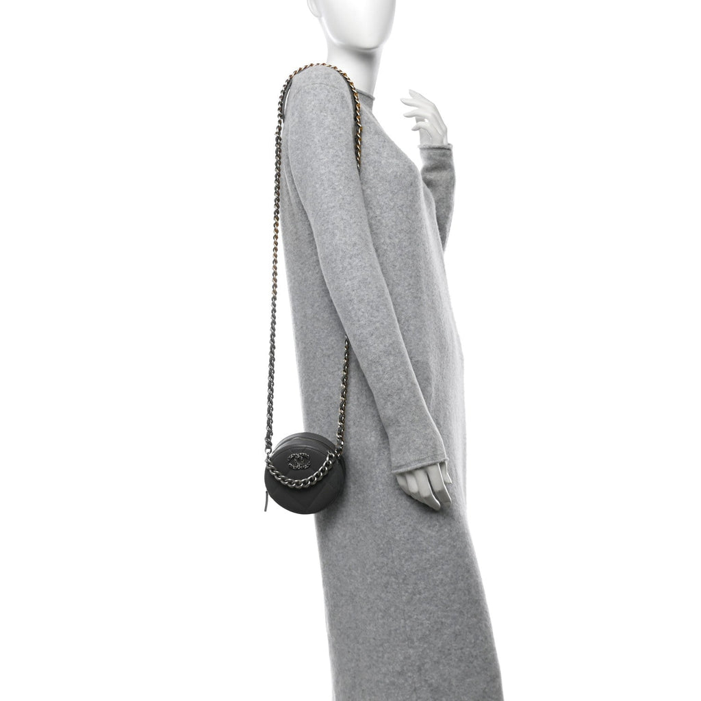 Lambskin Quilted Chanel 19 Round Clutch With Chain Grey
