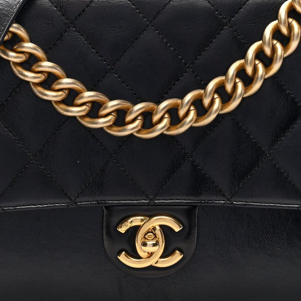 Iridescent Calfskin Quilted Straight Lined Flap Black