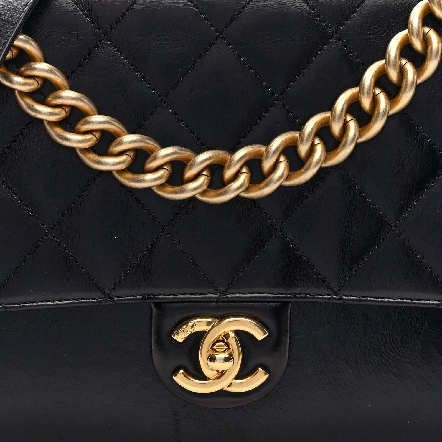 Iridescent Calfskin Quilted Straight Lined Flap Black