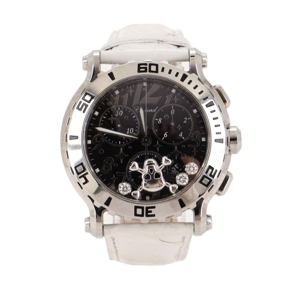 Happy Sport Skull Chronograph Round Quartz Watch Stainless Steel and Alligator with Floating Diamonds 42