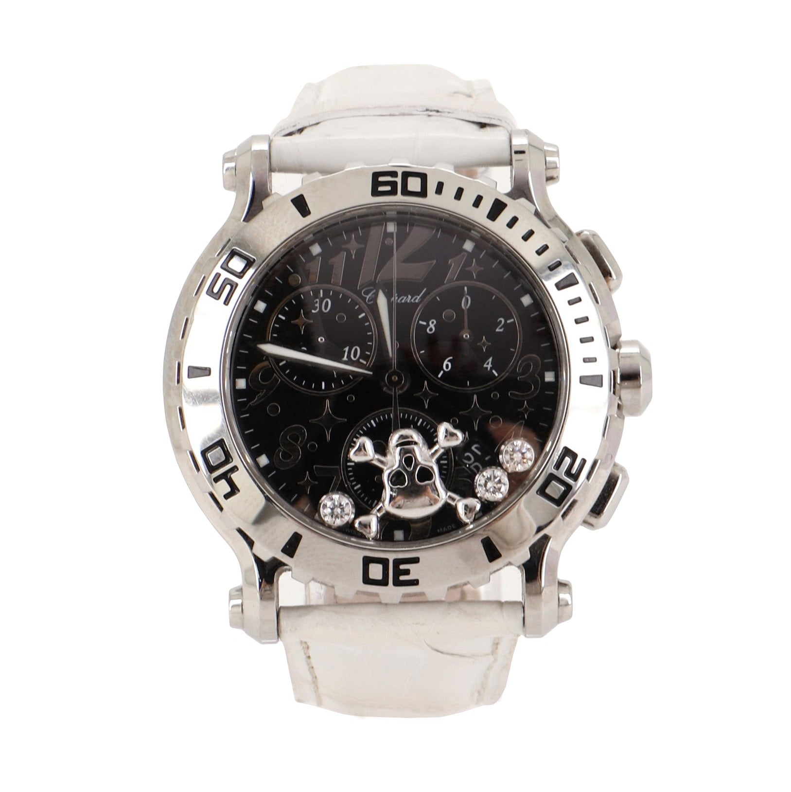 Happy Sport Skull Chronograph Round Quartz Watch Stainless Steel and Alligator with Floating Diamonds 42