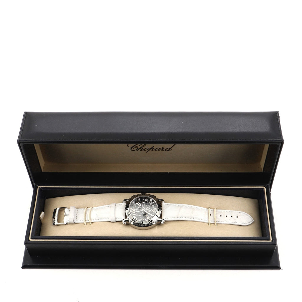 Happy Sport Skull Chronograph Round Quartz Watch Stainless Steel and Alligator with Floating Diamonds 42