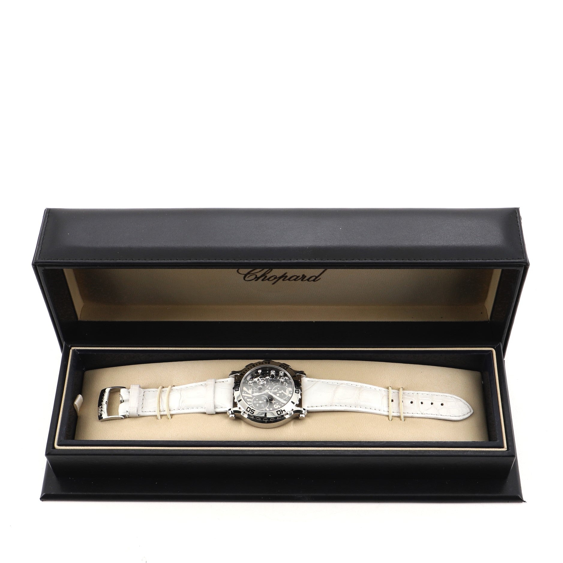 Happy Sport Skull Chronograph Round Quartz Watch Stainless Steel and Alligator with Floating Diamonds 42