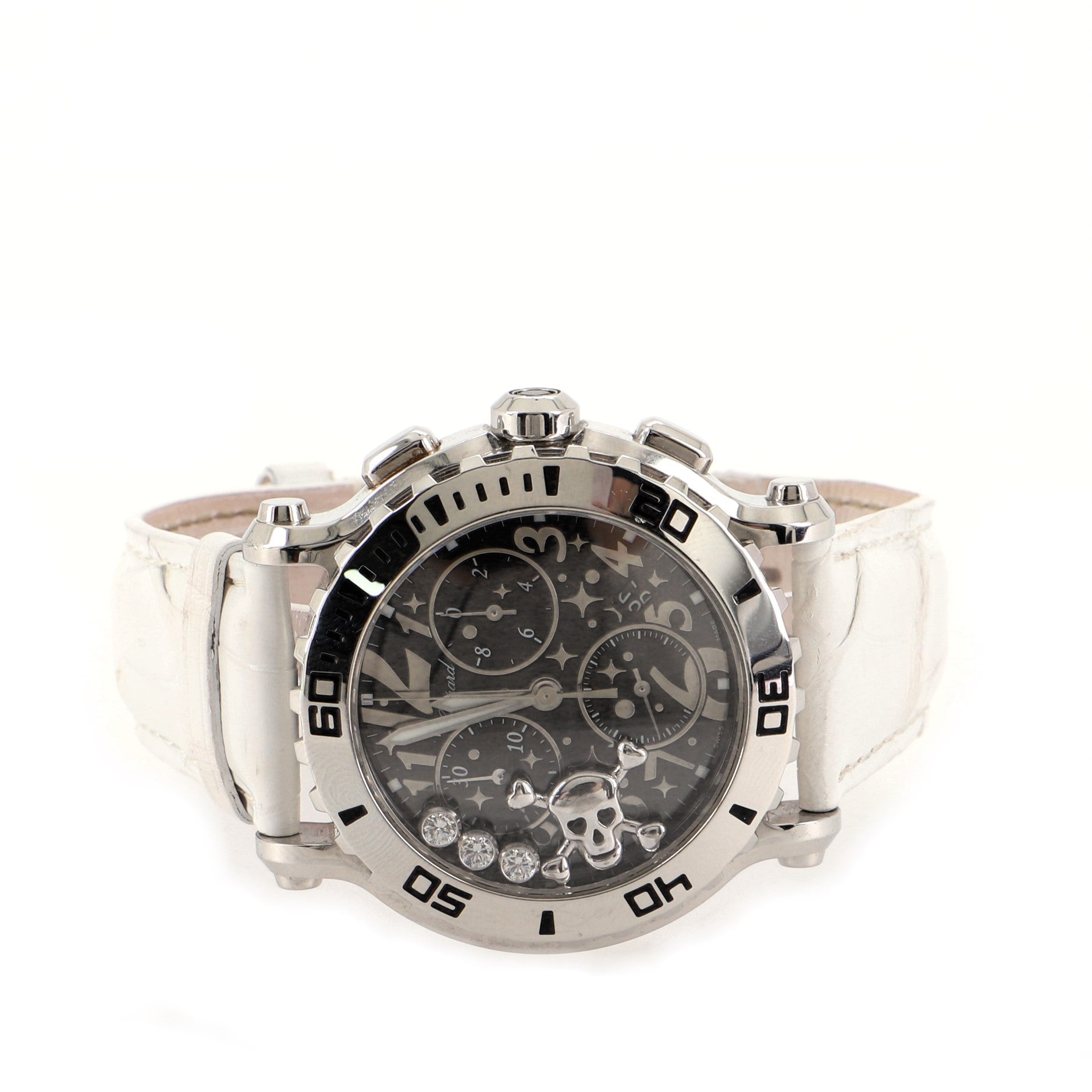 Happy Sport Skull Chronograph Round Quartz Watch Stainless Steel and Alligator with Floating Diamonds 42