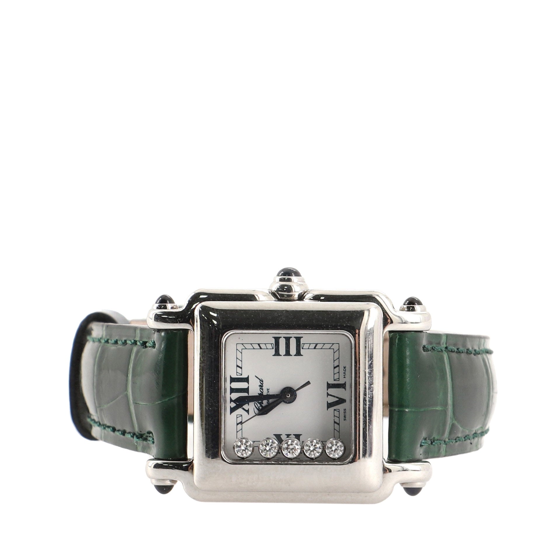 Happy Sport Square Quartz Watch Stainless Steel with Diamonds and Alligator 23