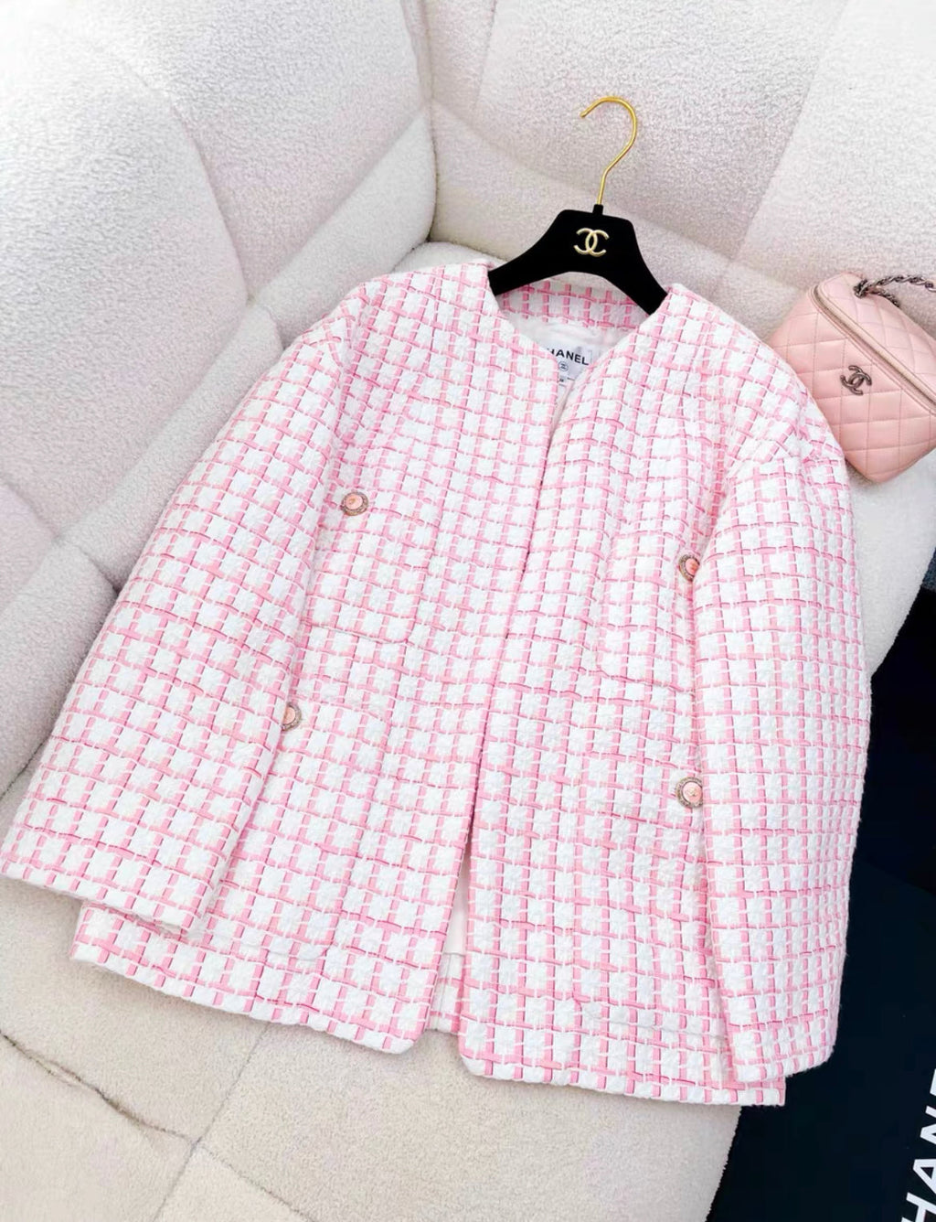 CHANEL SIZE 36 22S TWEED JACKET COTTON/ACRYLIC LIGHT PINK/WHITE