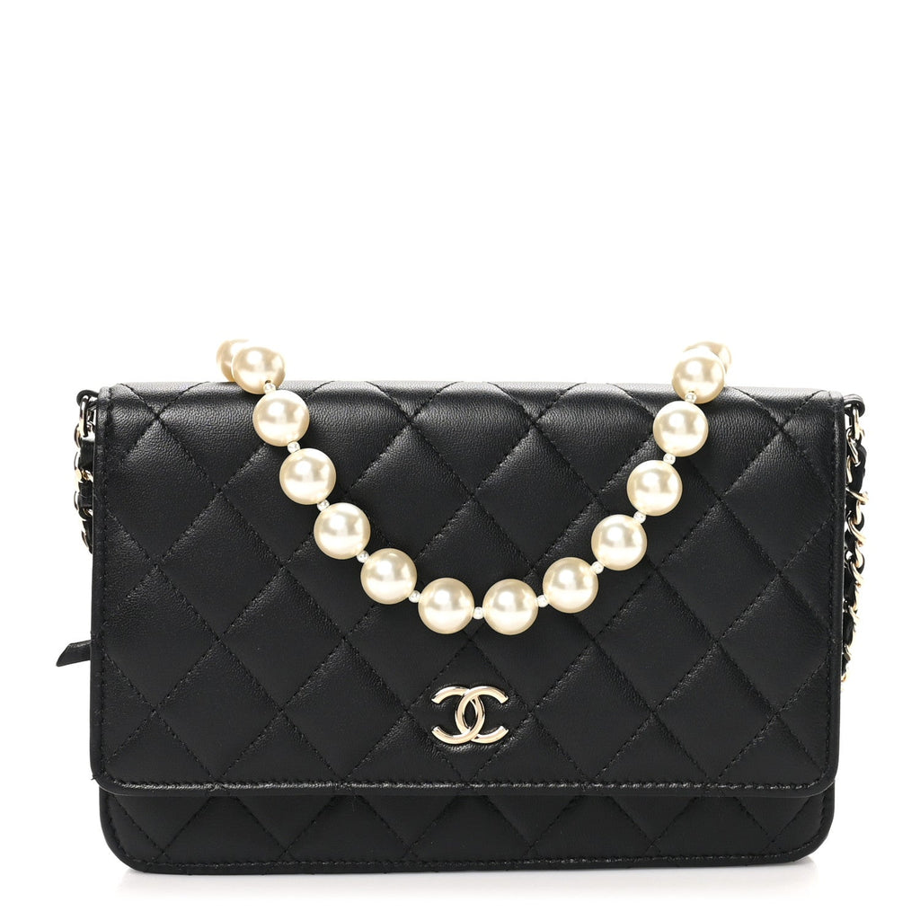 Lambskin Quilted Pearl Wallet On Chain WOC Black