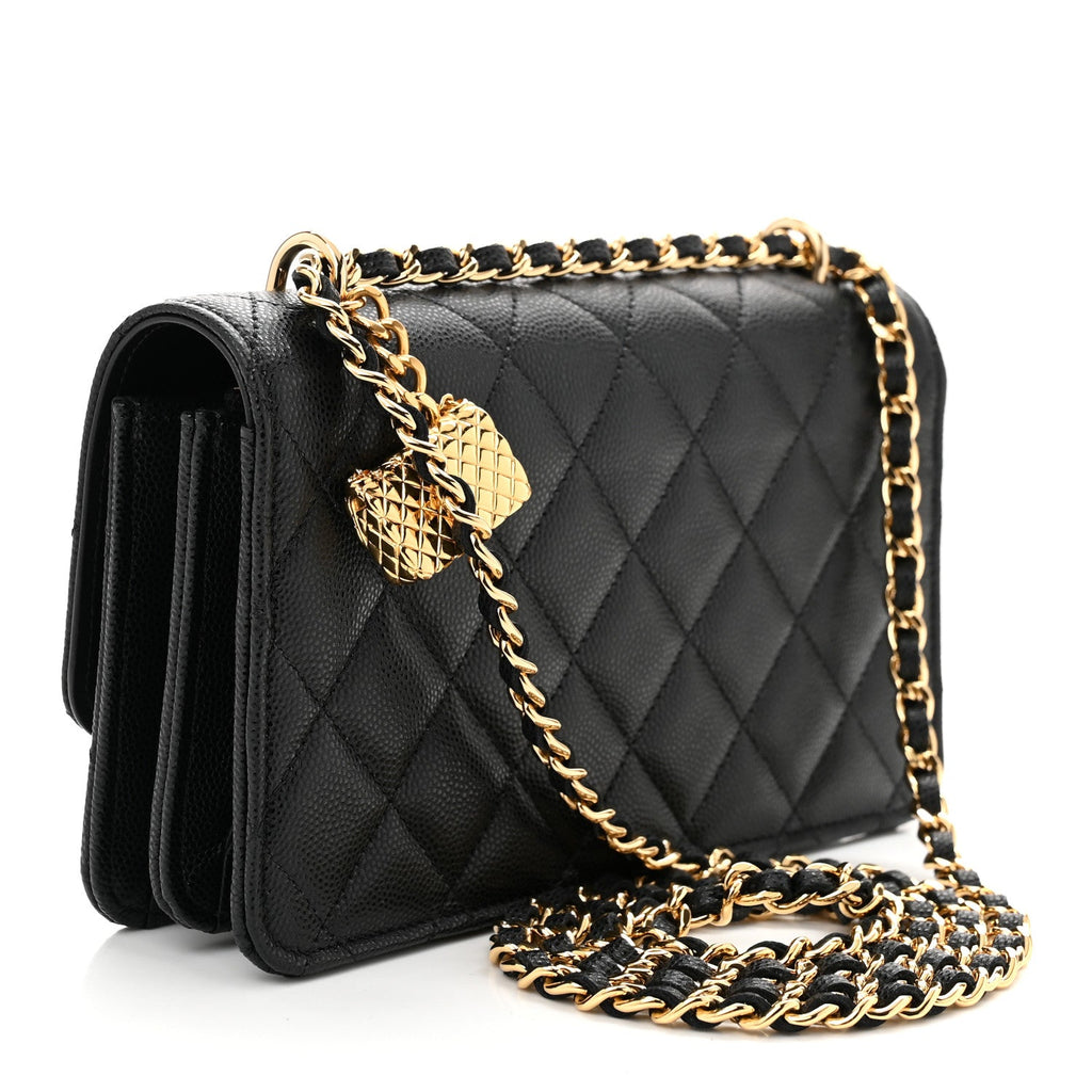 Shiny Caviar Quilted Flap Charm Wallet On Chain WOC Black