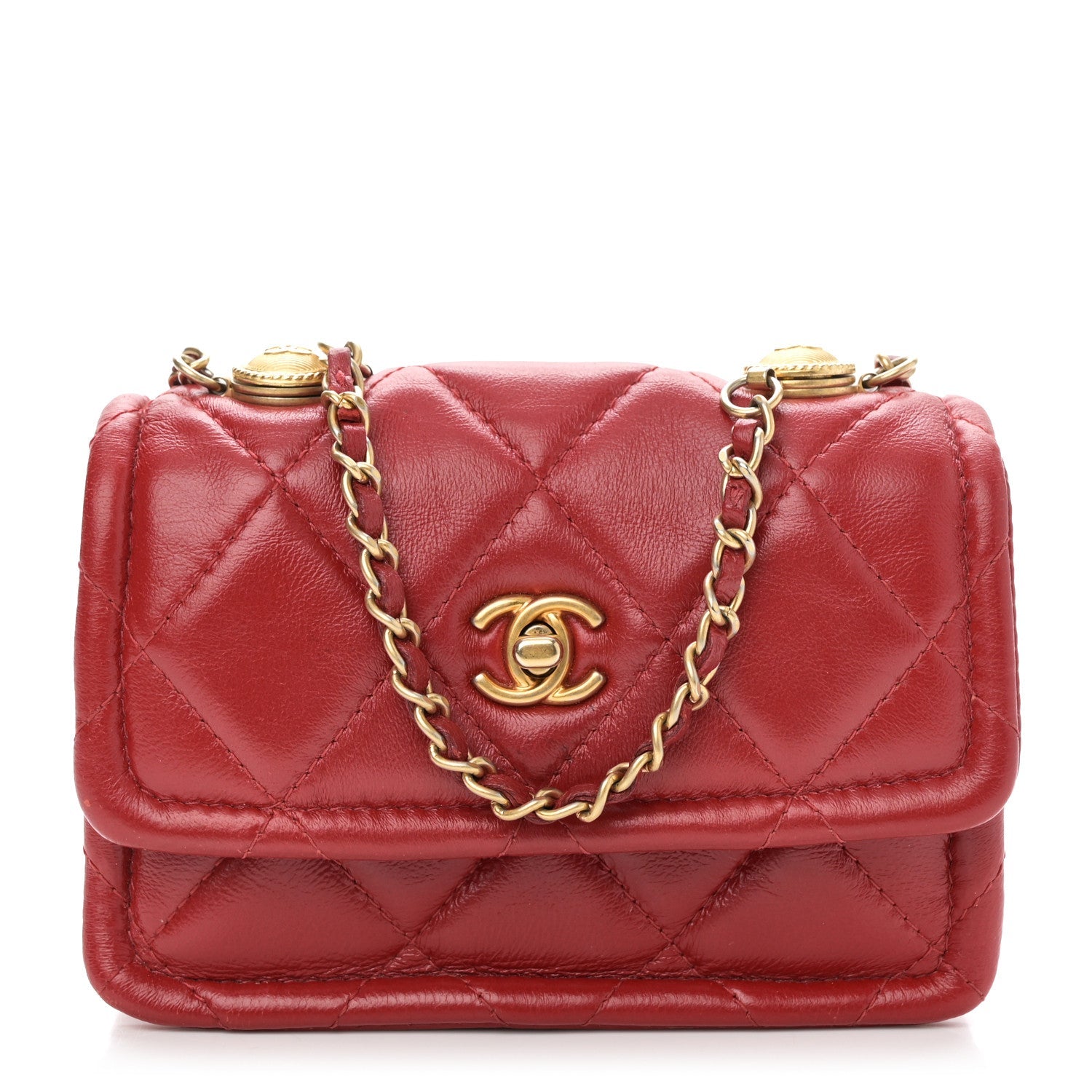 Shiny Lambskin Quilted Extra Mini Flap Red