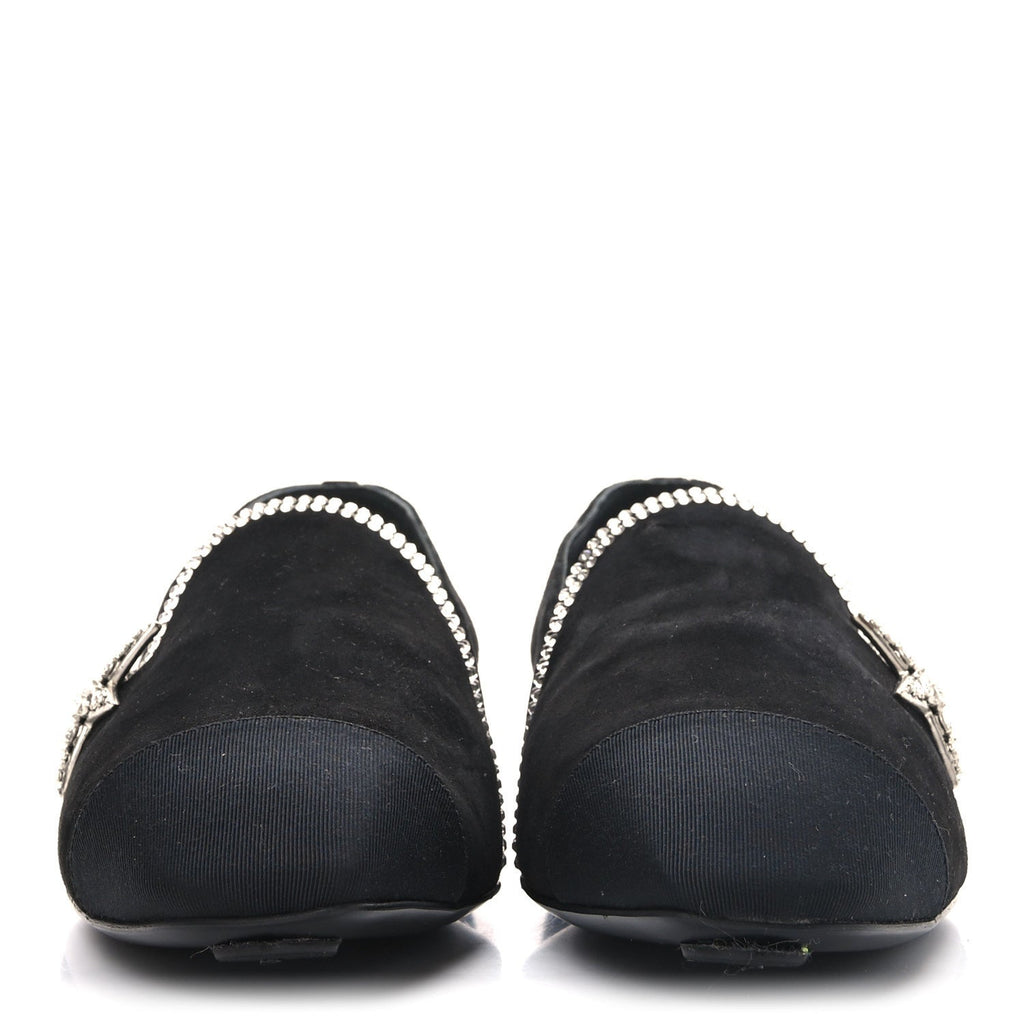 Suede Calfskin Grosgrain Crystal Star Mocassin Loafers 38 Black