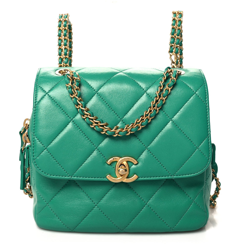 Lambskin Quilted Chain CC Backpack Green