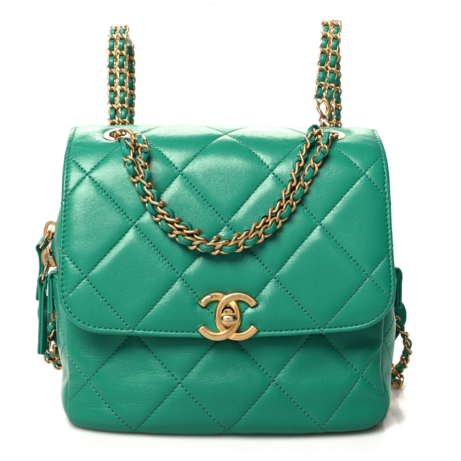 Lambskin Quilted Chain CC Backpack Green