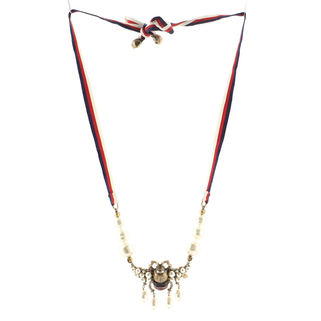 Sylvie Web Bee Necklace Faux Pearls and Metal with Grosgrain