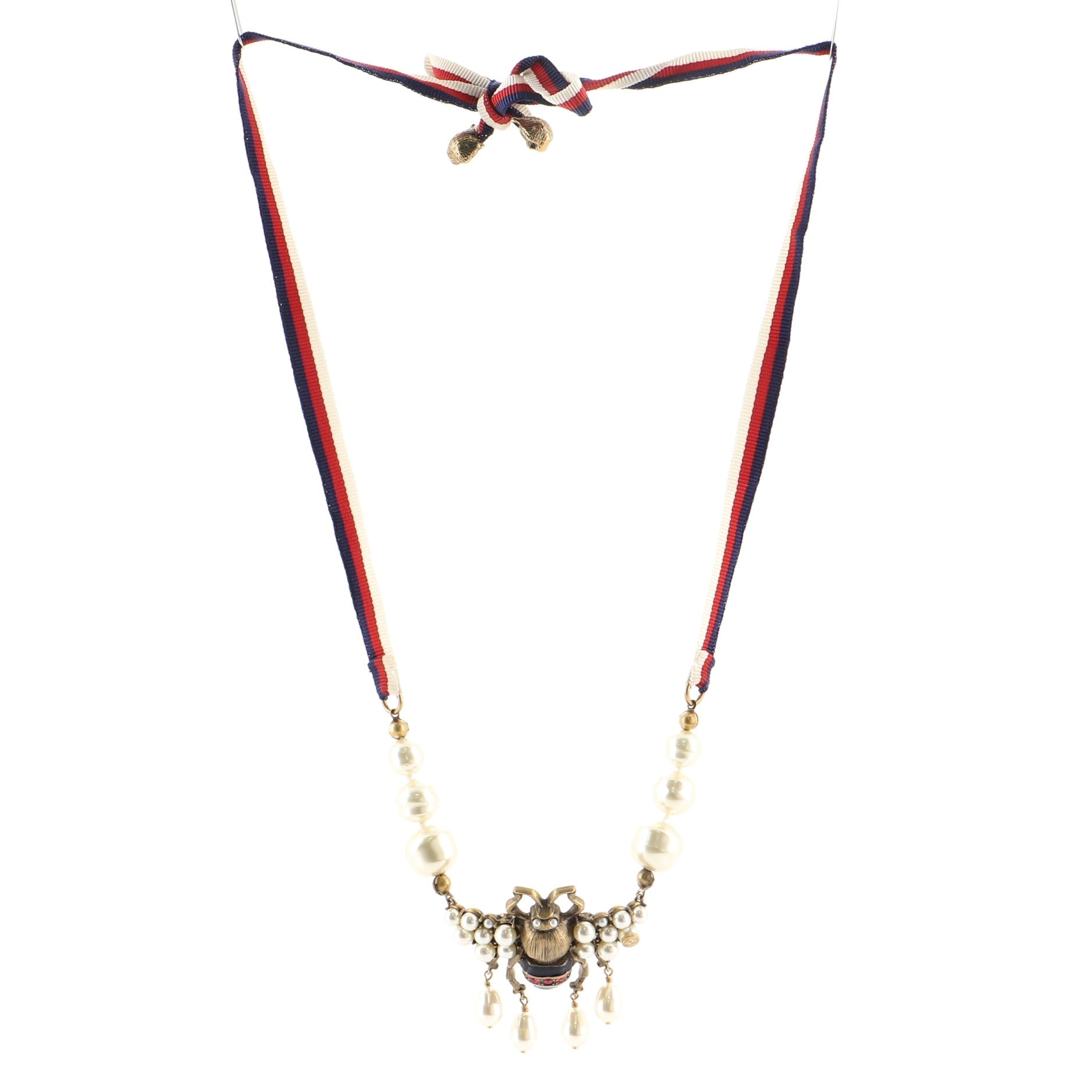 Sylvie Web Bee Necklace Faux Pearls and Metal with Grosgrain