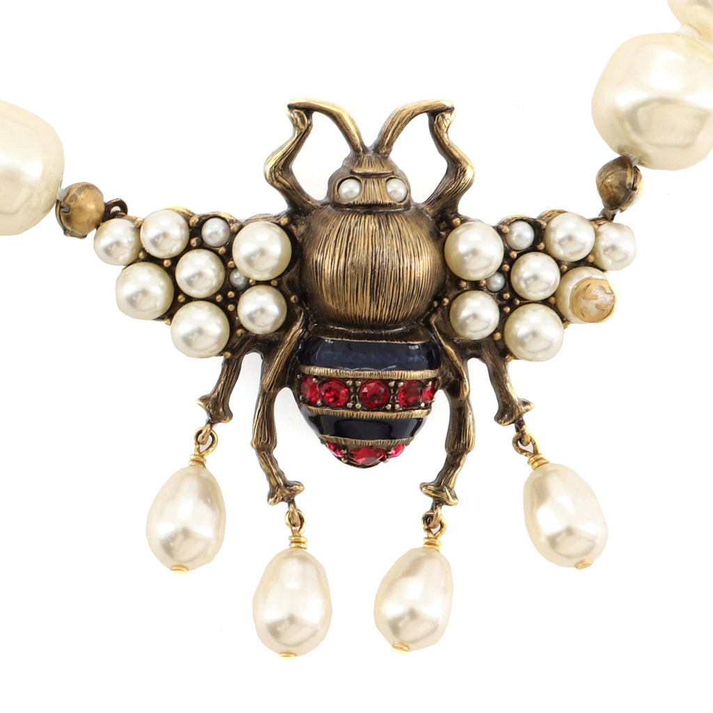 Sylvie Web Bee Necklace Faux Pearls and Metal with Grosgrain