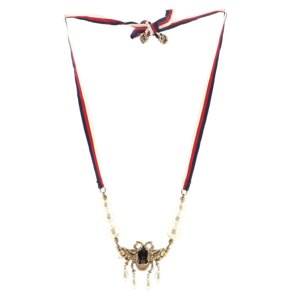 Sylvie Web Bee Necklace Faux Pearls and Metal with Grosgrain