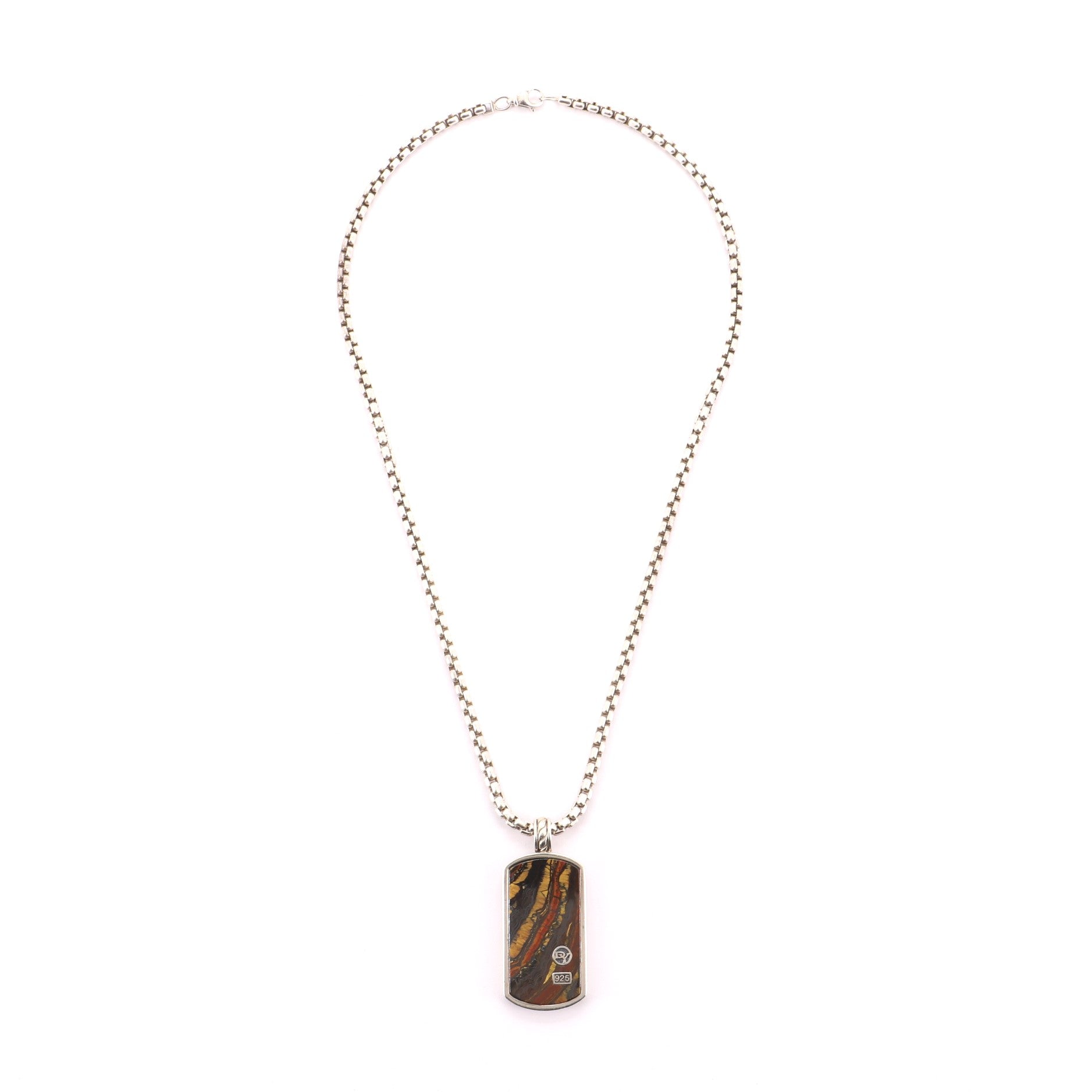 Exotic Stone Dog Tag Necklace Sterling Silver and Tiger Iron Slice