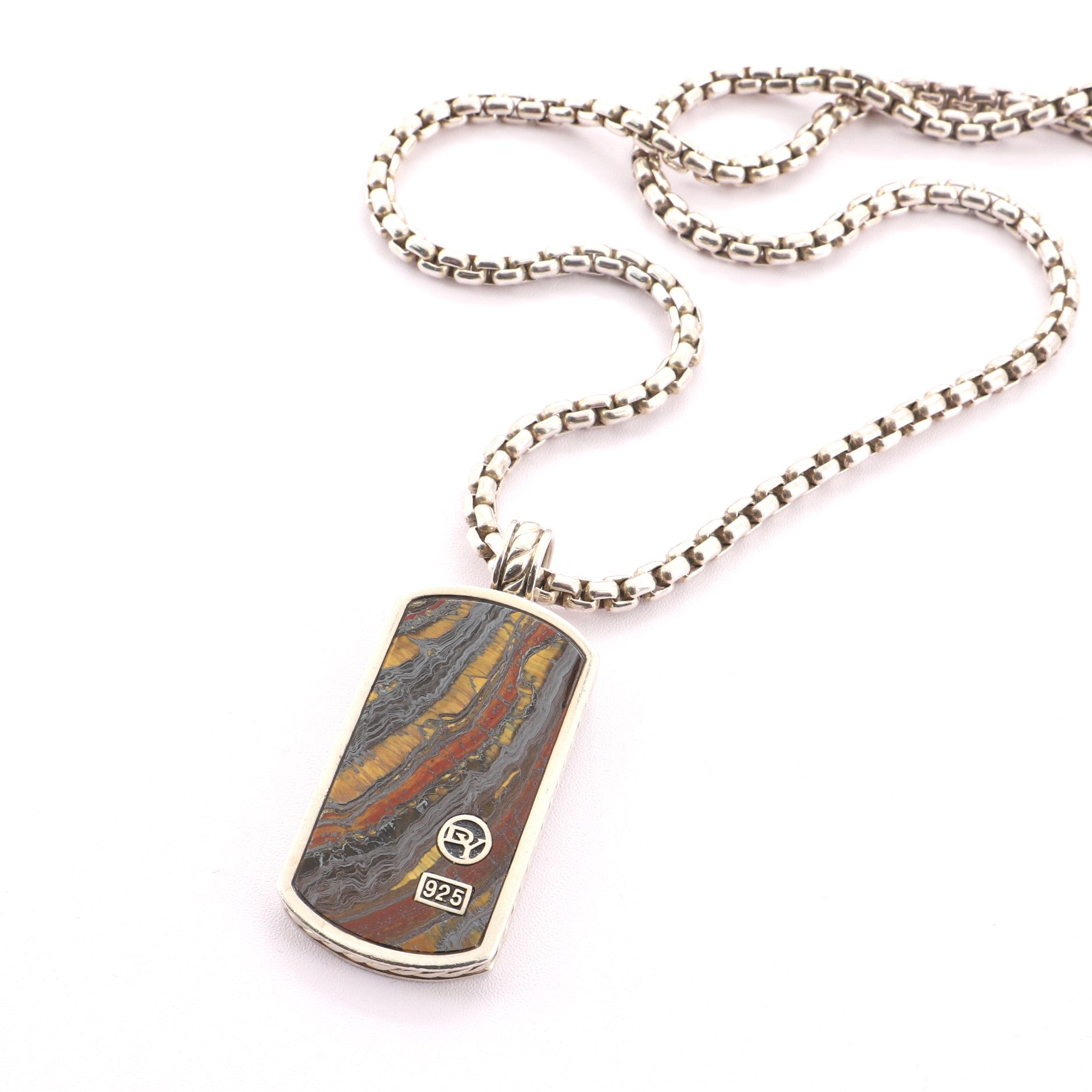 Exotic Stone Dog Tag Necklace Sterling Silver and Tiger Iron Slice