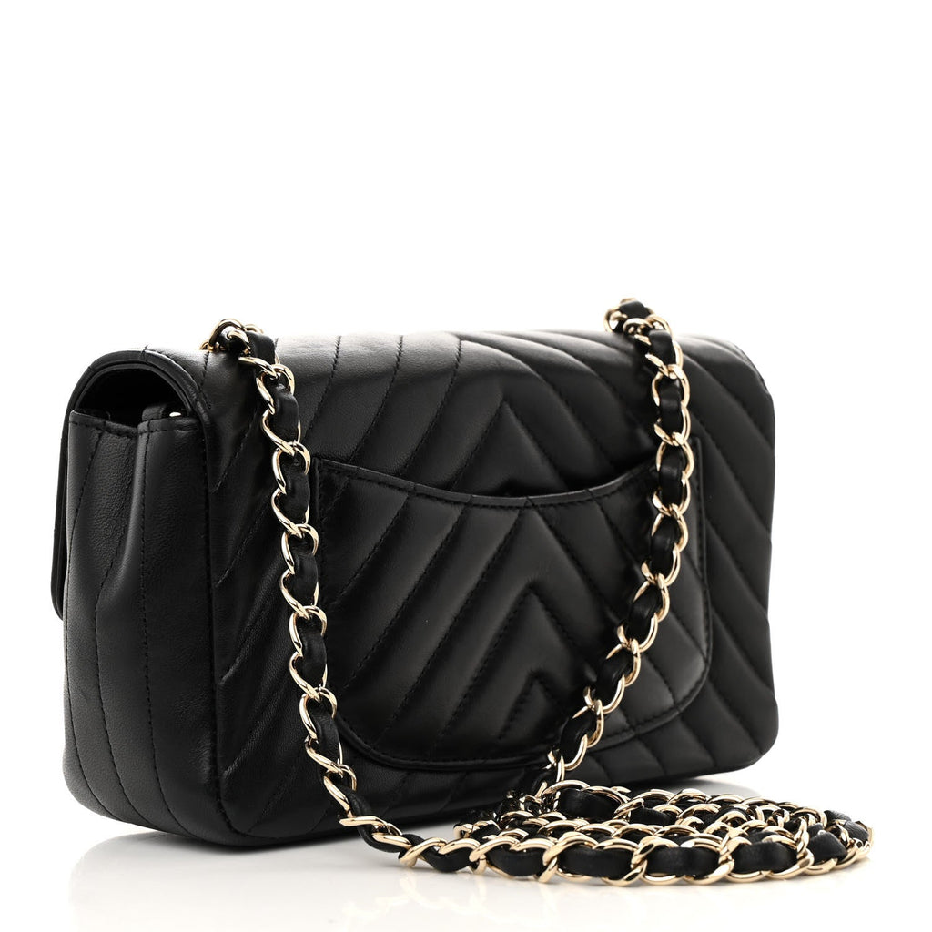 Lambskin Chevron Quilted Mini Rectangular Flap Black
