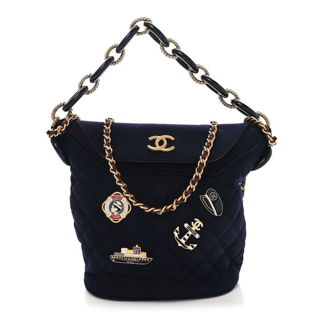 Wool Lambskin Quilted Paris Hamburg Charms Bucket Bag Dark Navy