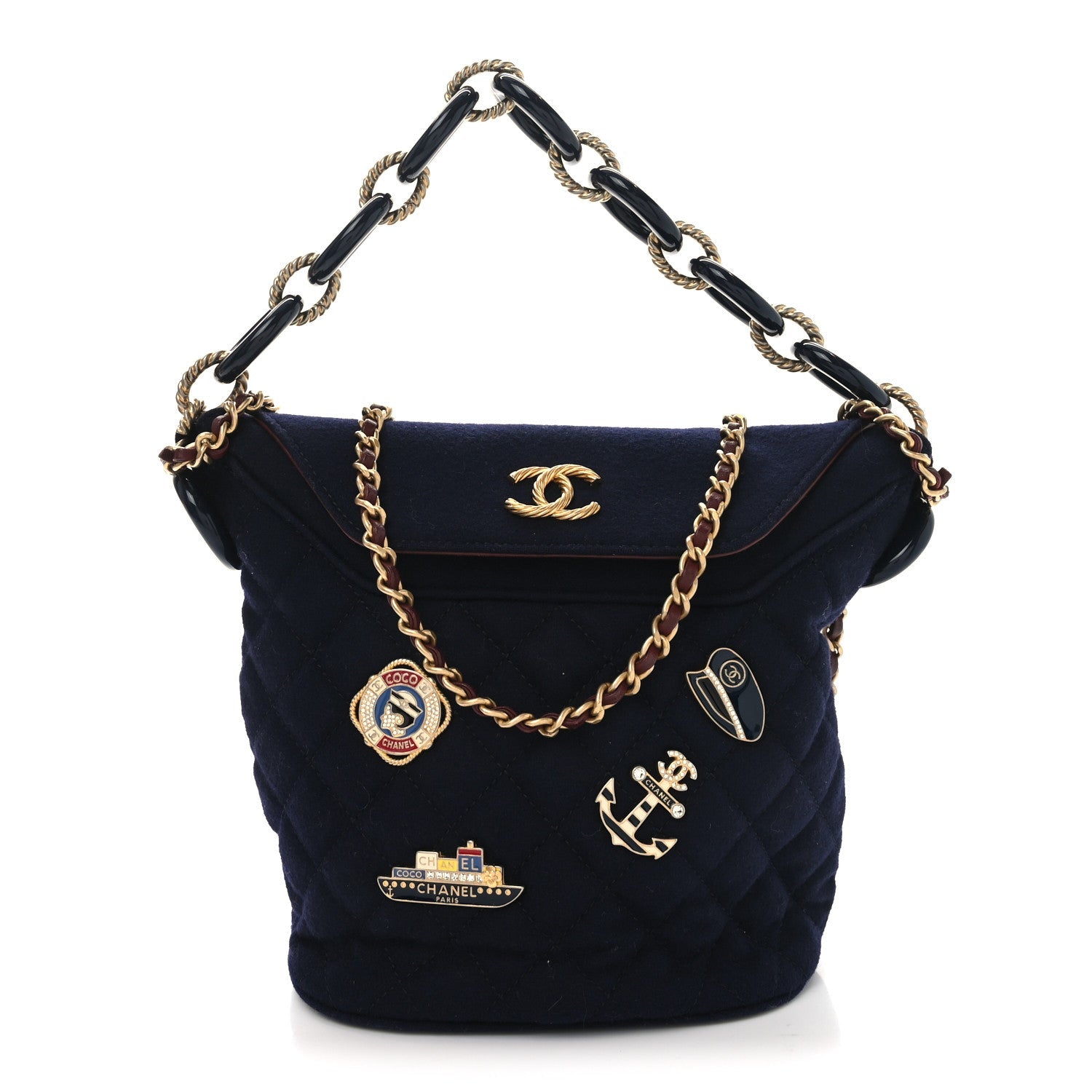 Wool Lambskin Quilted Paris Hamburg Charms Bucket Bag Dark Navy