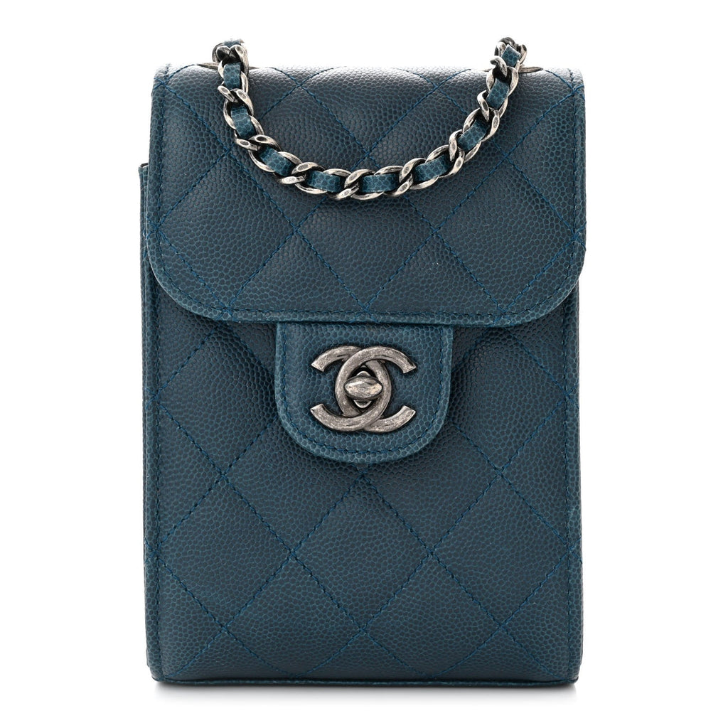 Caviar Quilted Extra Mini Wallet On Chain WOC Blue