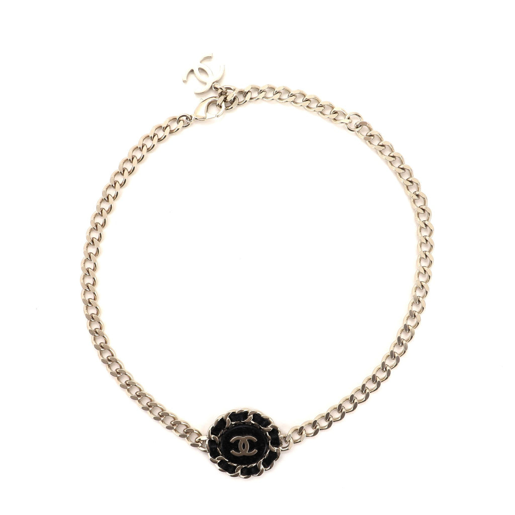 CC Round Pendant Choker Necklace Metal and Leather
