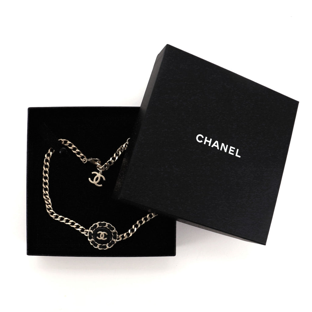 CC Round Pendant Choker Necklace Metal and Leather