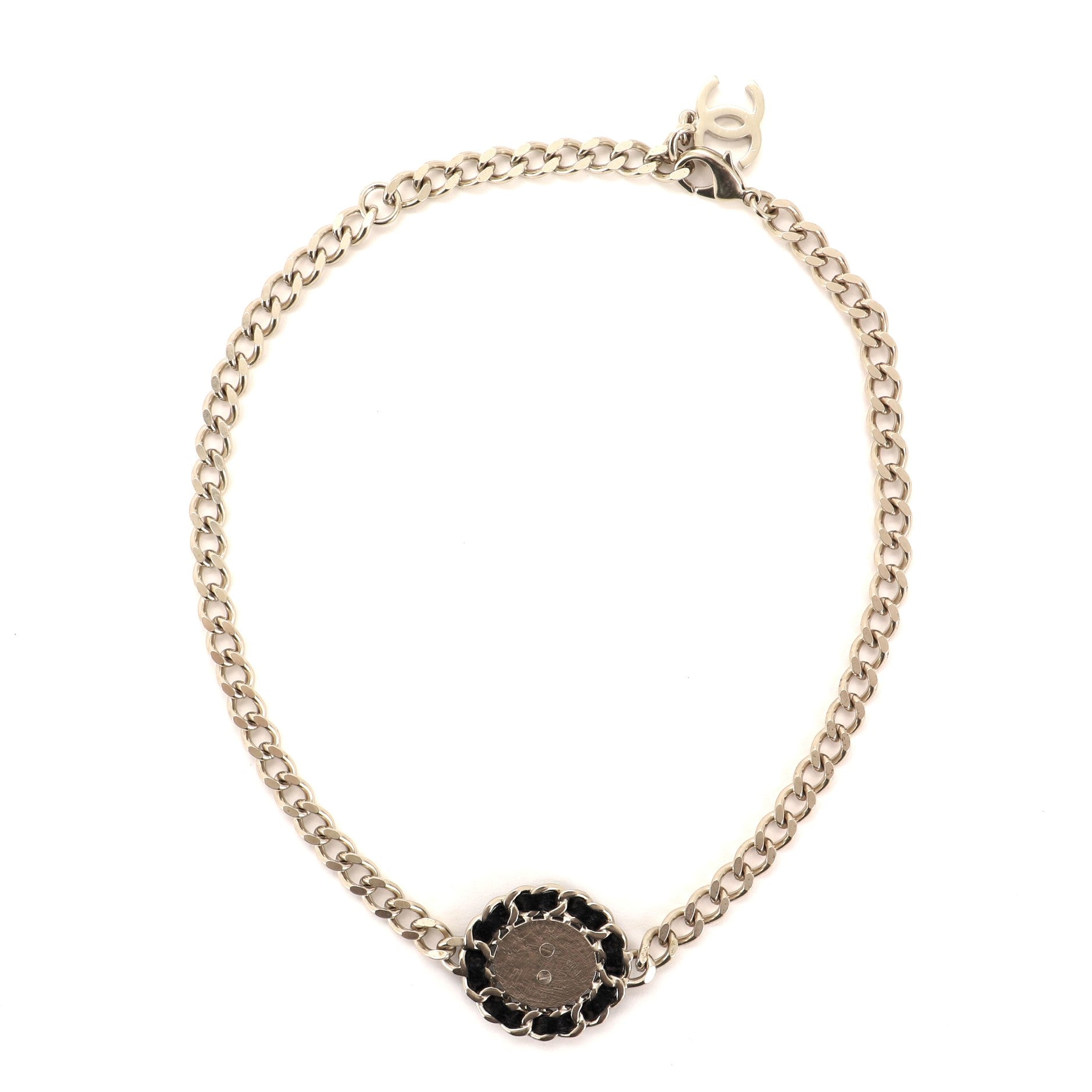 CC Round Pendant Choker Necklace Metal and Leather