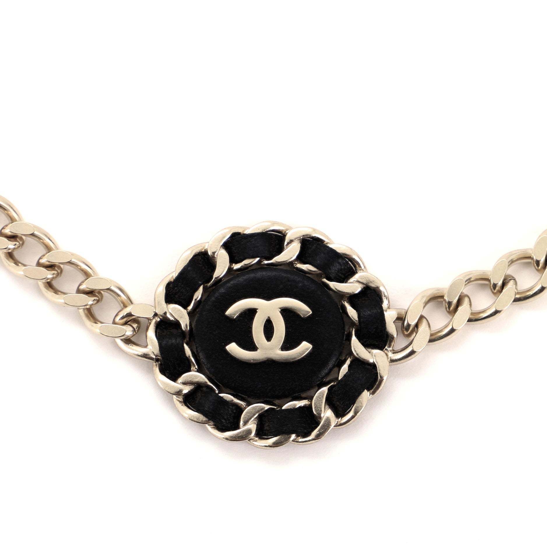 CC Round Pendant Choker Necklace Metal and Leather