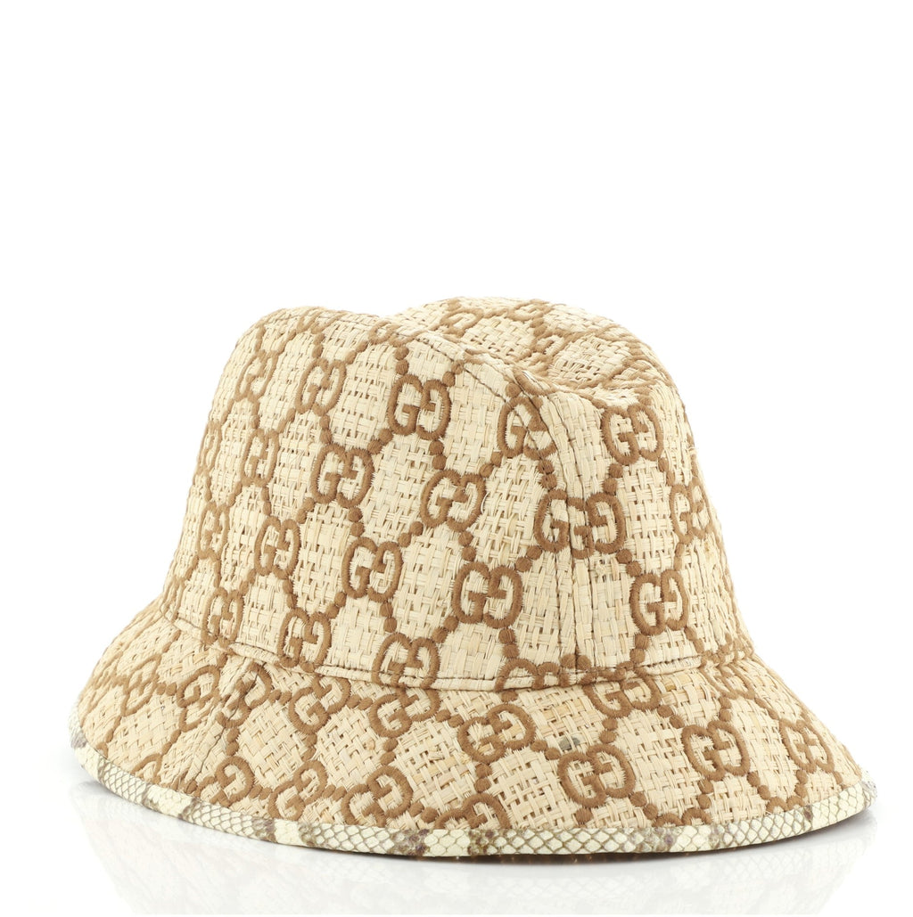 Bucket Hat Woven Raffia with Snakeskin Detail Medium