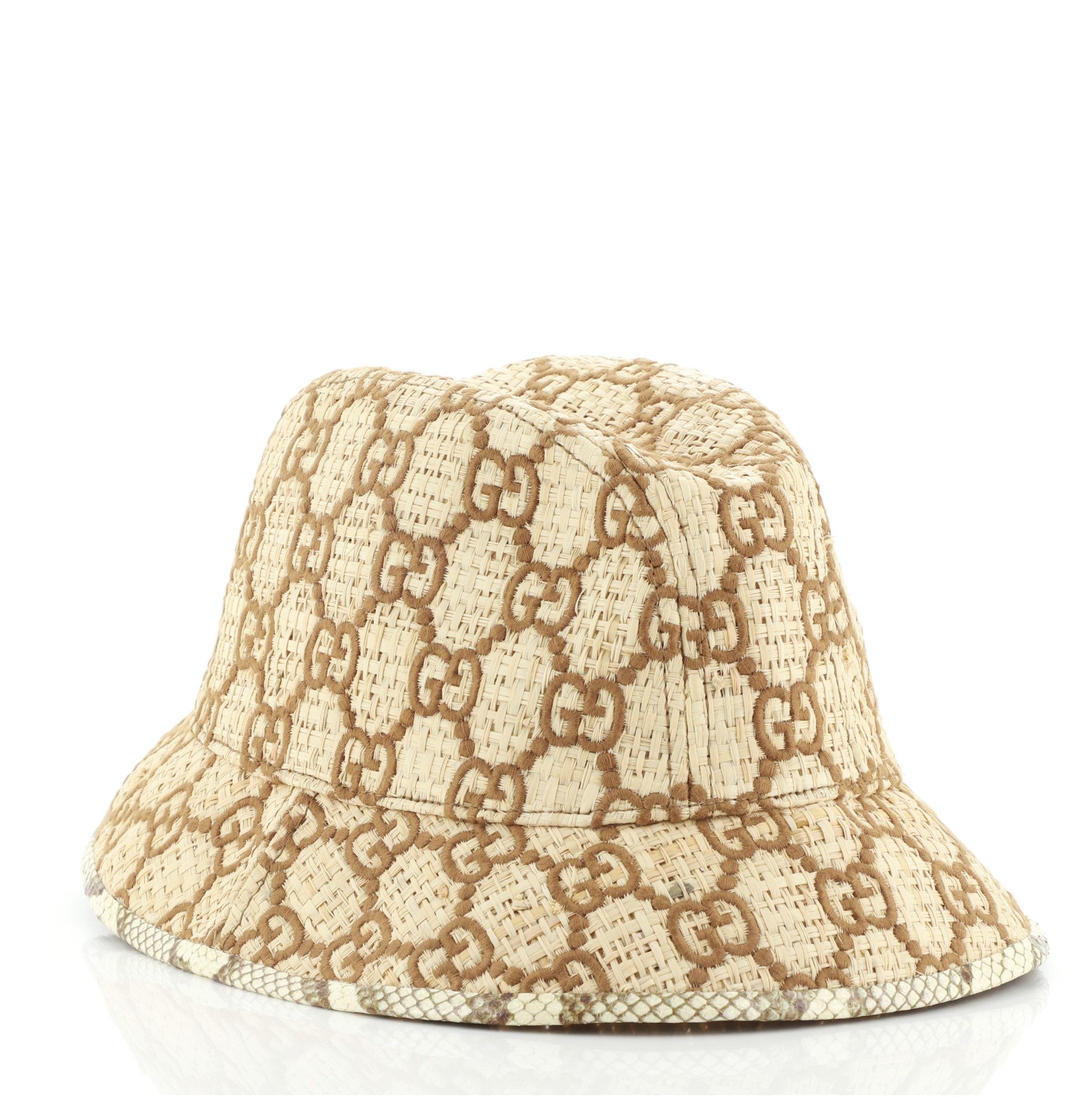 Bucket Hat Woven Raffia with Snakeskin Detail Medium