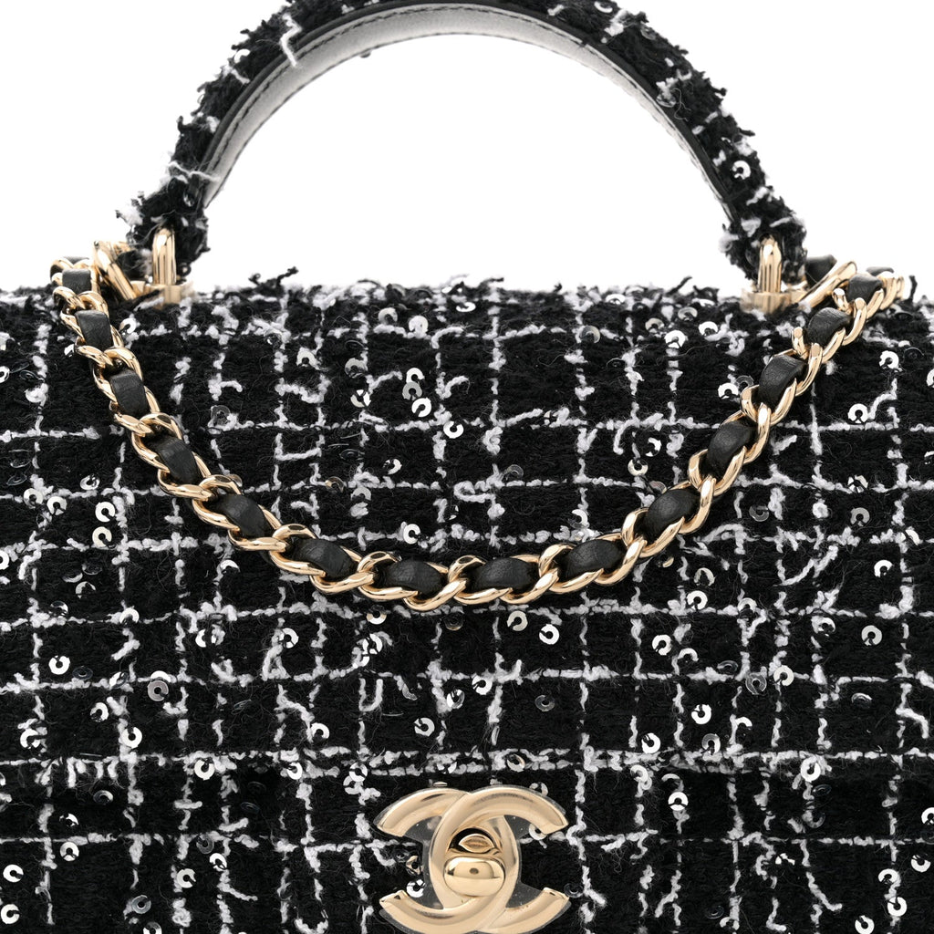 Tweed Quilted Mini Top Handle Rectangular Flap Black White