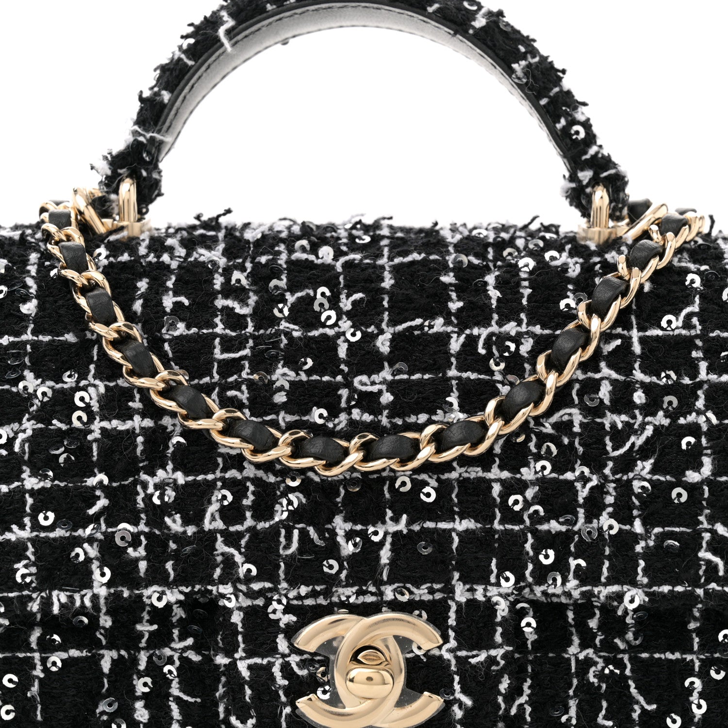 Tweed Quilted Mini Top Handle Rectangular Flap Black White