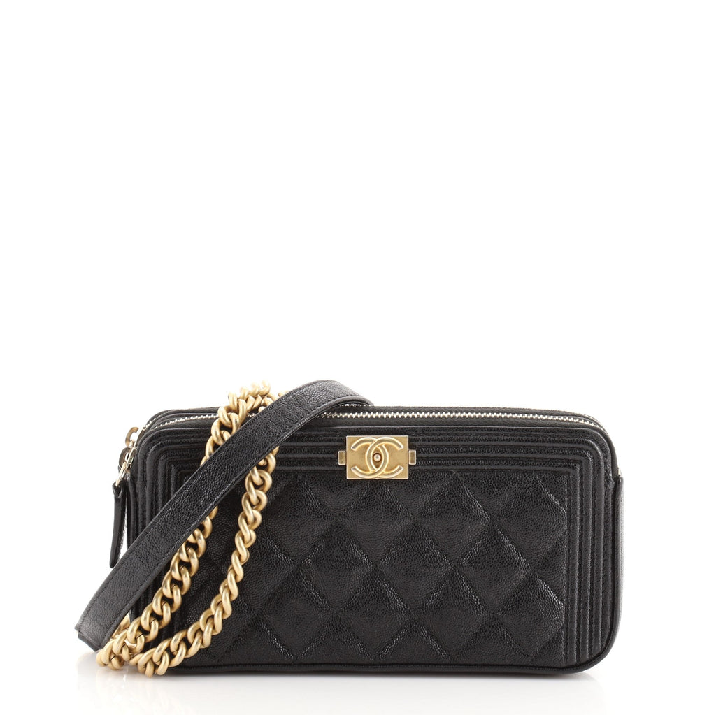 Boy Double Zip Clutch with Chain Quilted Caviar