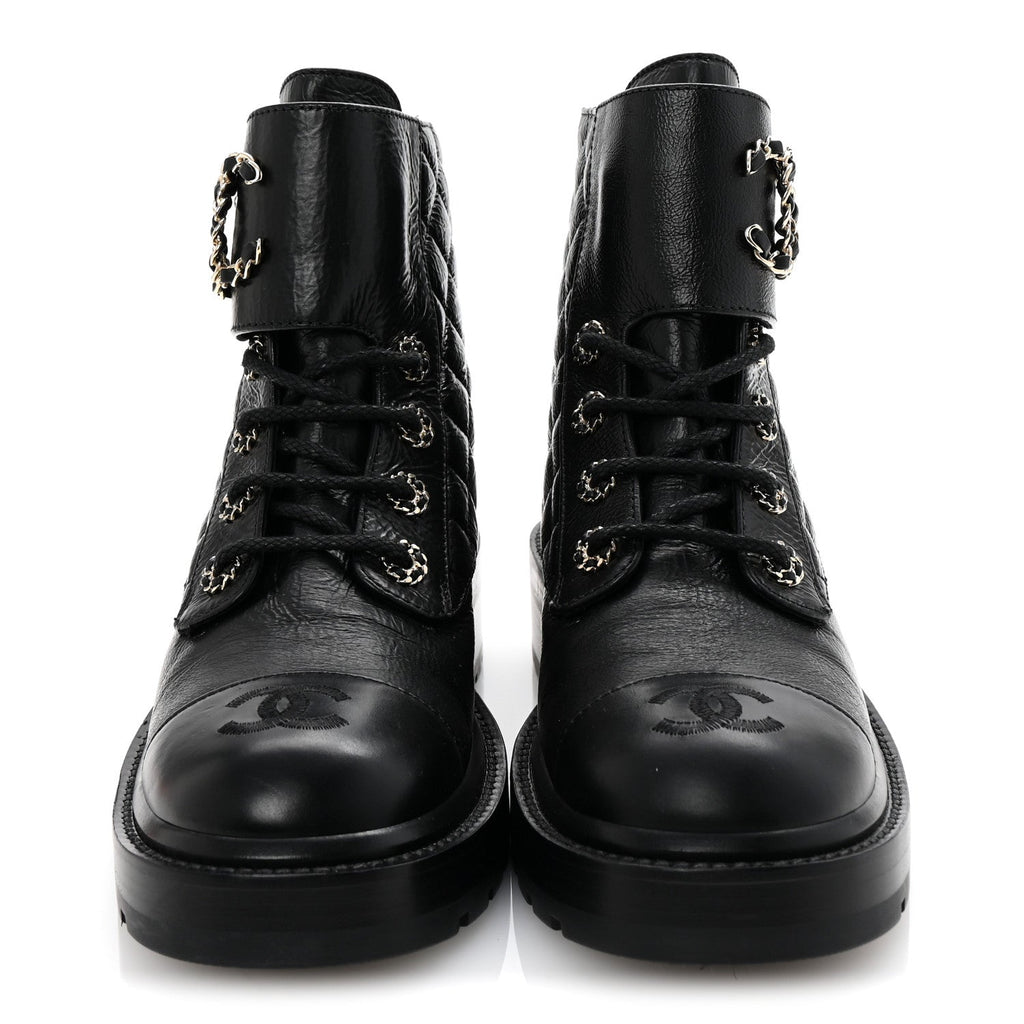Shiny Lambskin Quilted Lace Up Combat Boots 38 Black