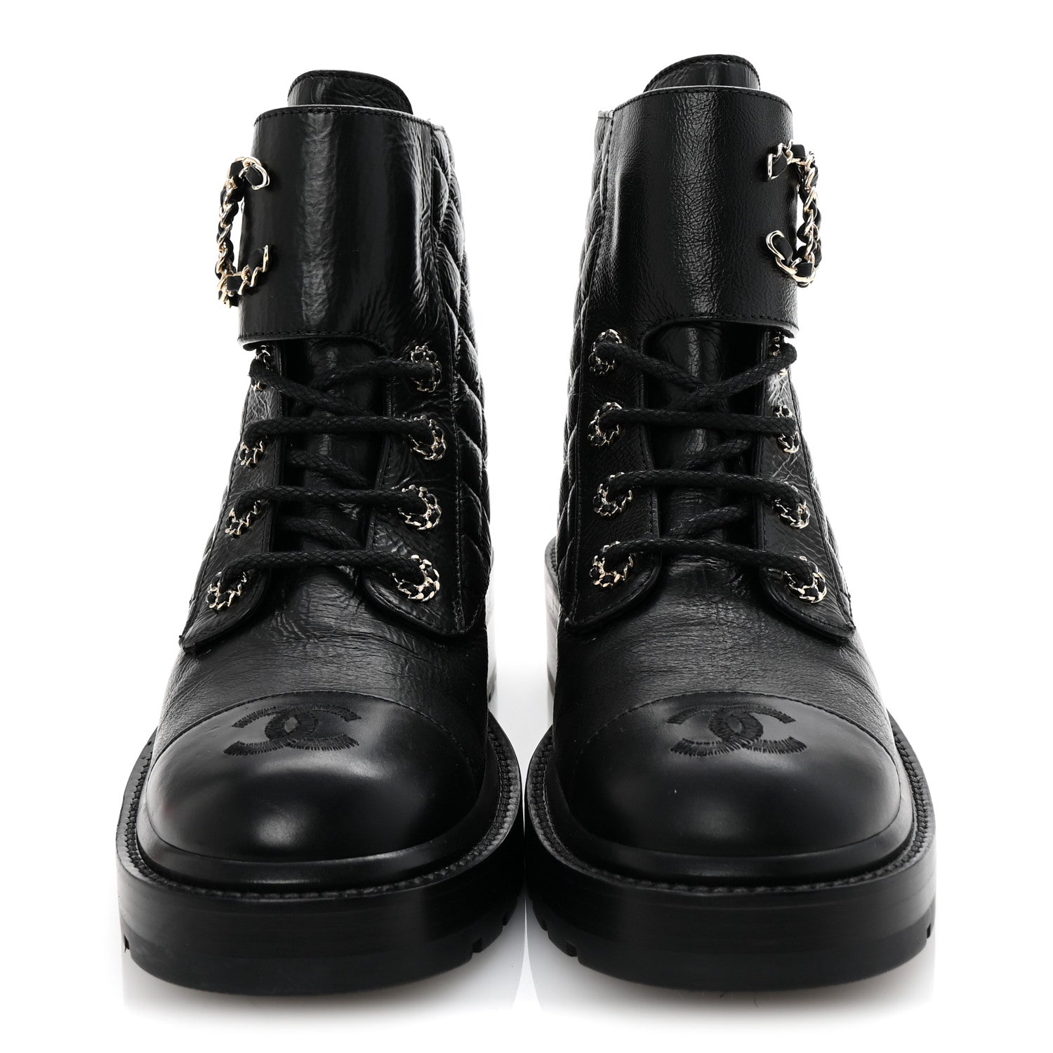 Shiny Lambskin Quilted Lace Up Combat Boots 38 Black