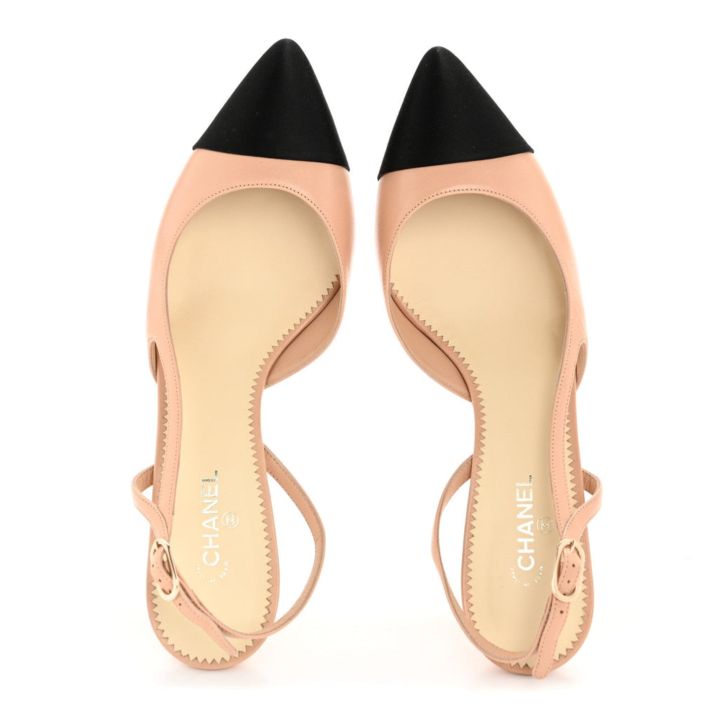 Lambskin Satin Cap Toe CC Slingback Heels 40 Beige Black