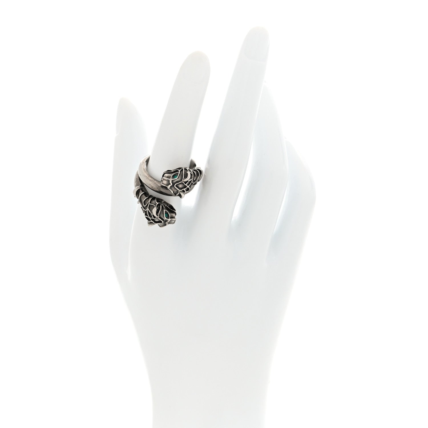 Tiger Head Swarovski Crystals Ring 15 Silver Green